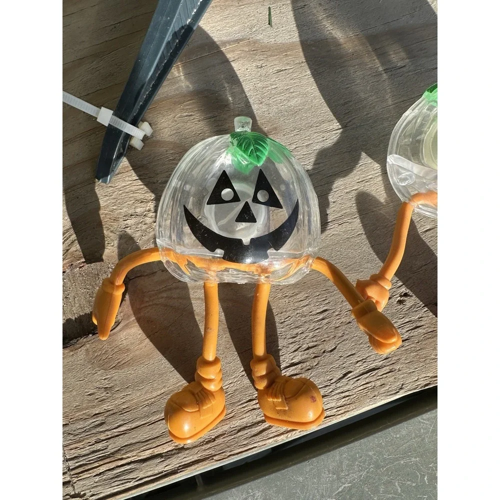 2 Vintage‎ Halloween Pumpkin Candy Holder Bendy Legs Clear Head Bendy Figures